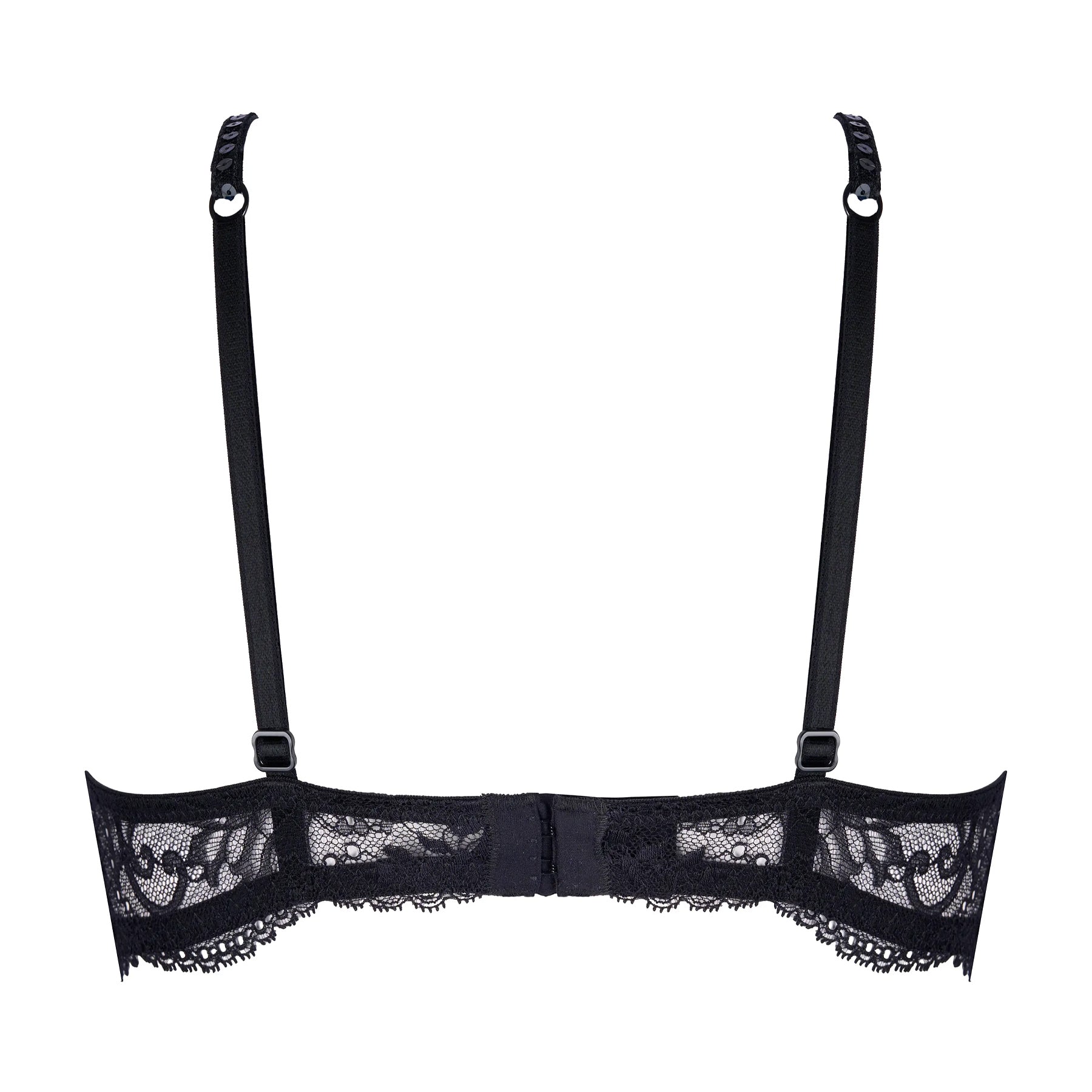 Back view of Lise Charmel Éclat Saphir triangle bra featuring adjustable straps, lace back band, and hook-and-eye closure.