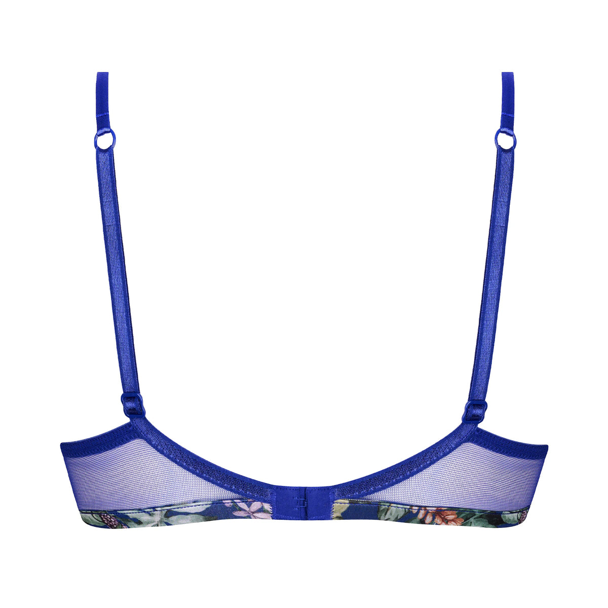 Back view of Lise Charmel Bain de Nature bra featuring sheer blue mesh, adjustable straps and floral print detailing.