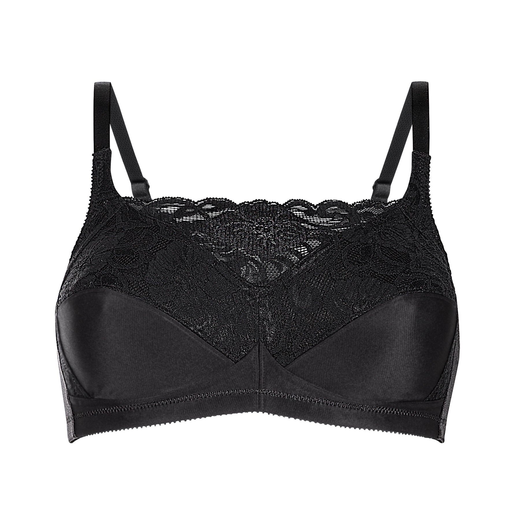 Front view of Amoena 2118 Isabel bra in Black featuring floral lace overlay and adjustable straps.