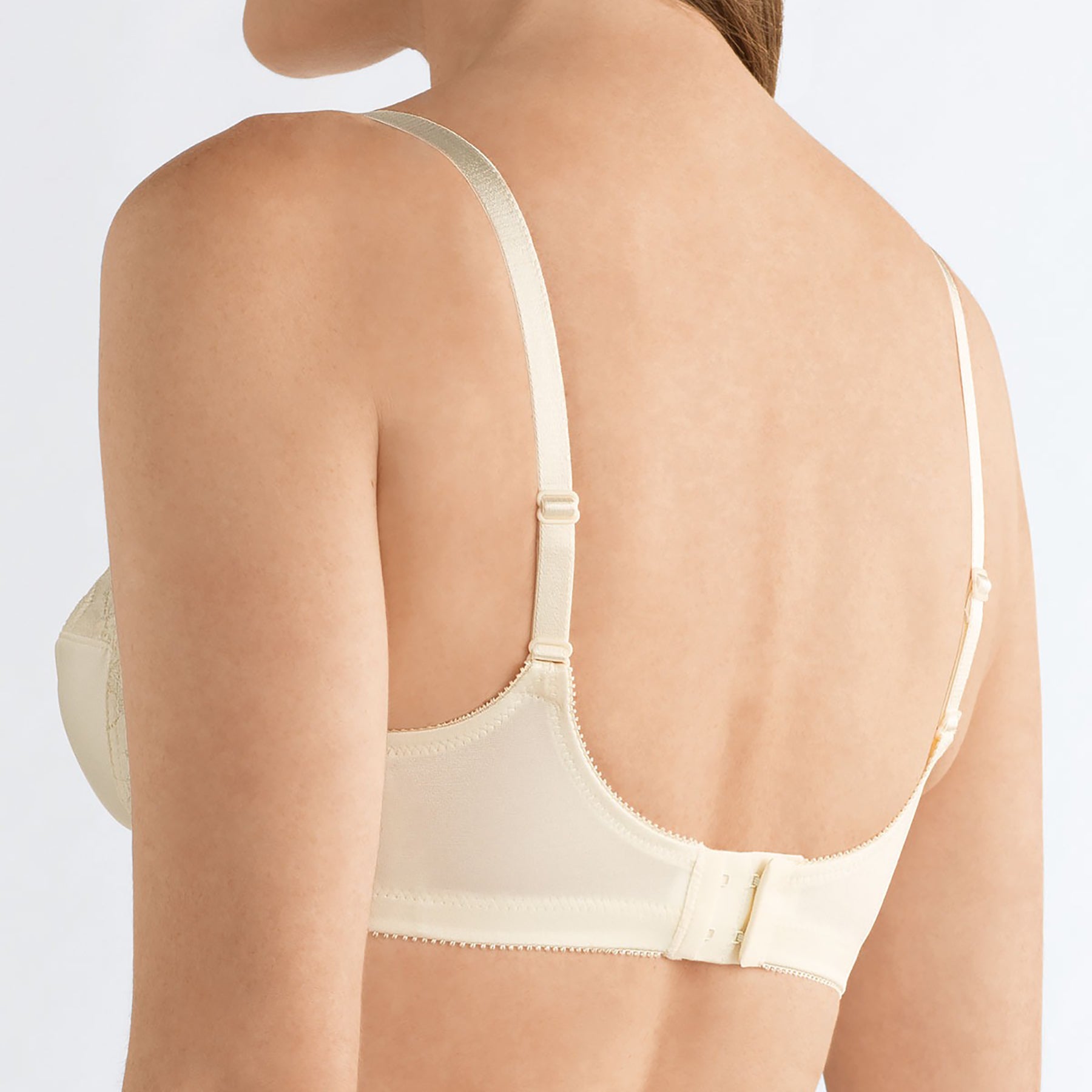 Back view of Amoena Isabel Candlelight bra with adjustable straps and hook closure.