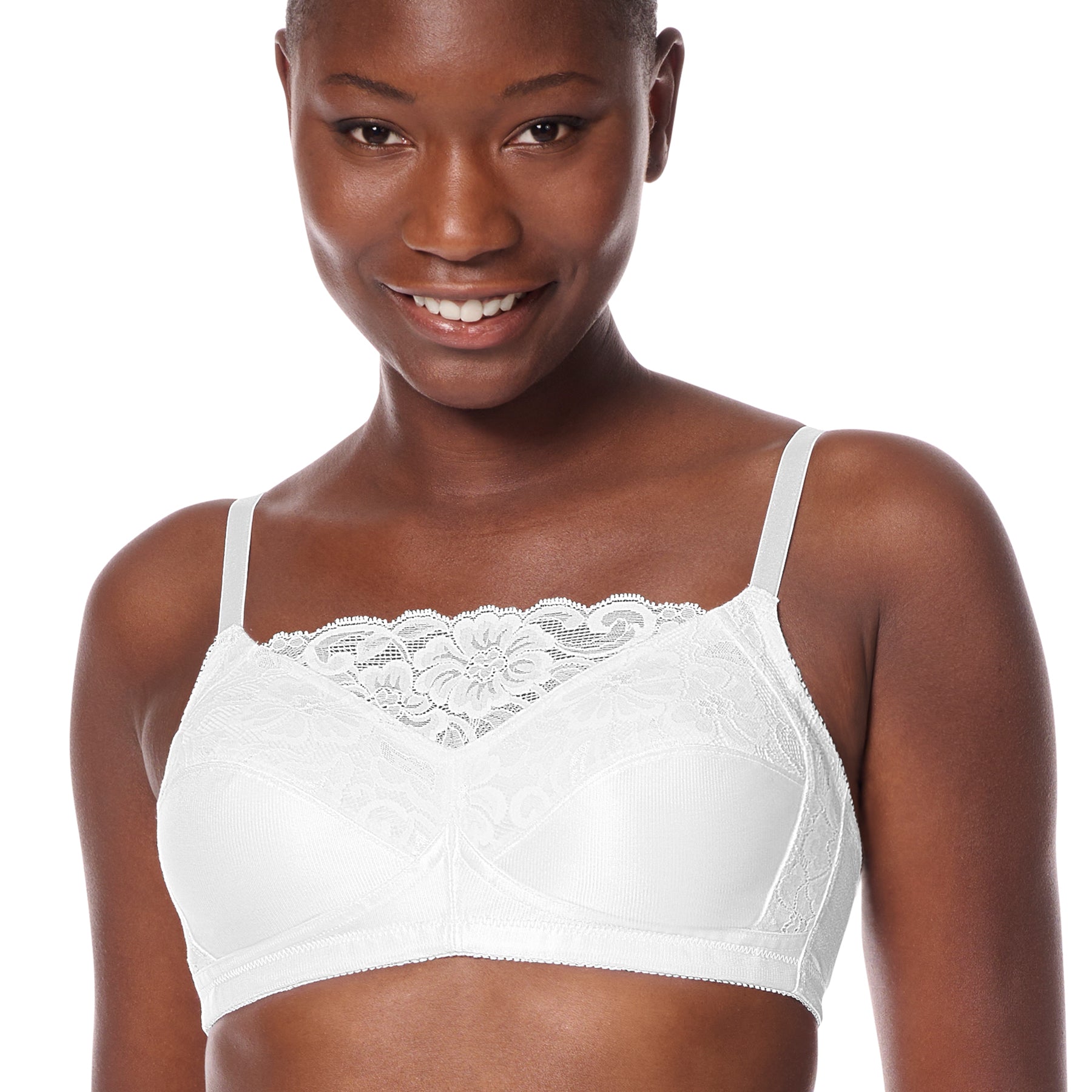 Model wearing Amoena White Isabel bra showing floral lace neckline and soft microfiber finish.