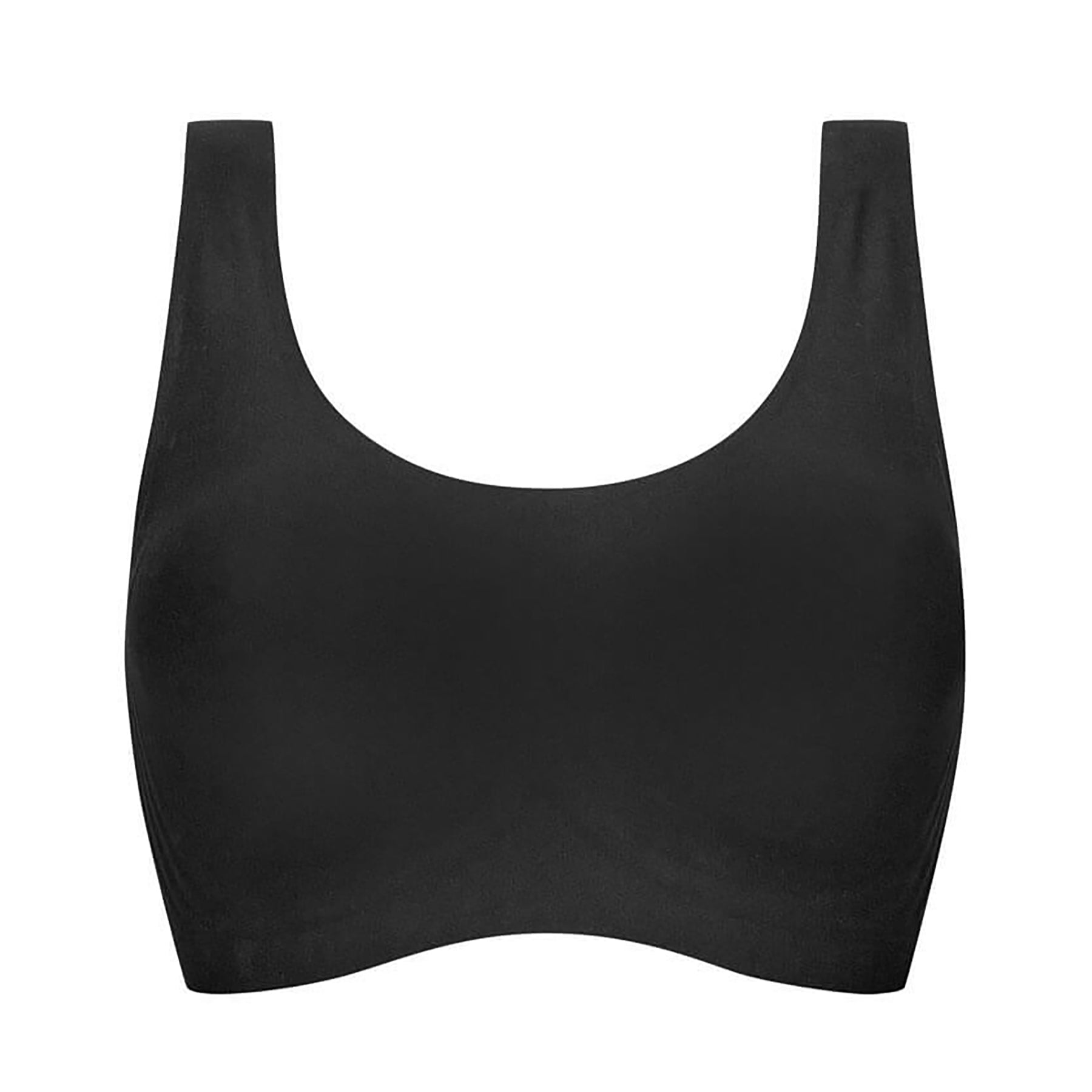 Amoena Linda wireless seamless bra in black, front flat lay showing smooth scoop neckline and wide comfort straps
