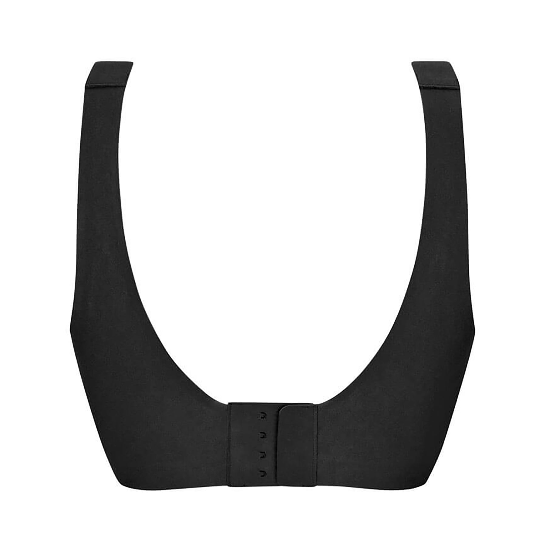 Back flat lay of Amoena Linda wireless seamless bra in black, featuring wide straps and adjustable hook-and-eye closure