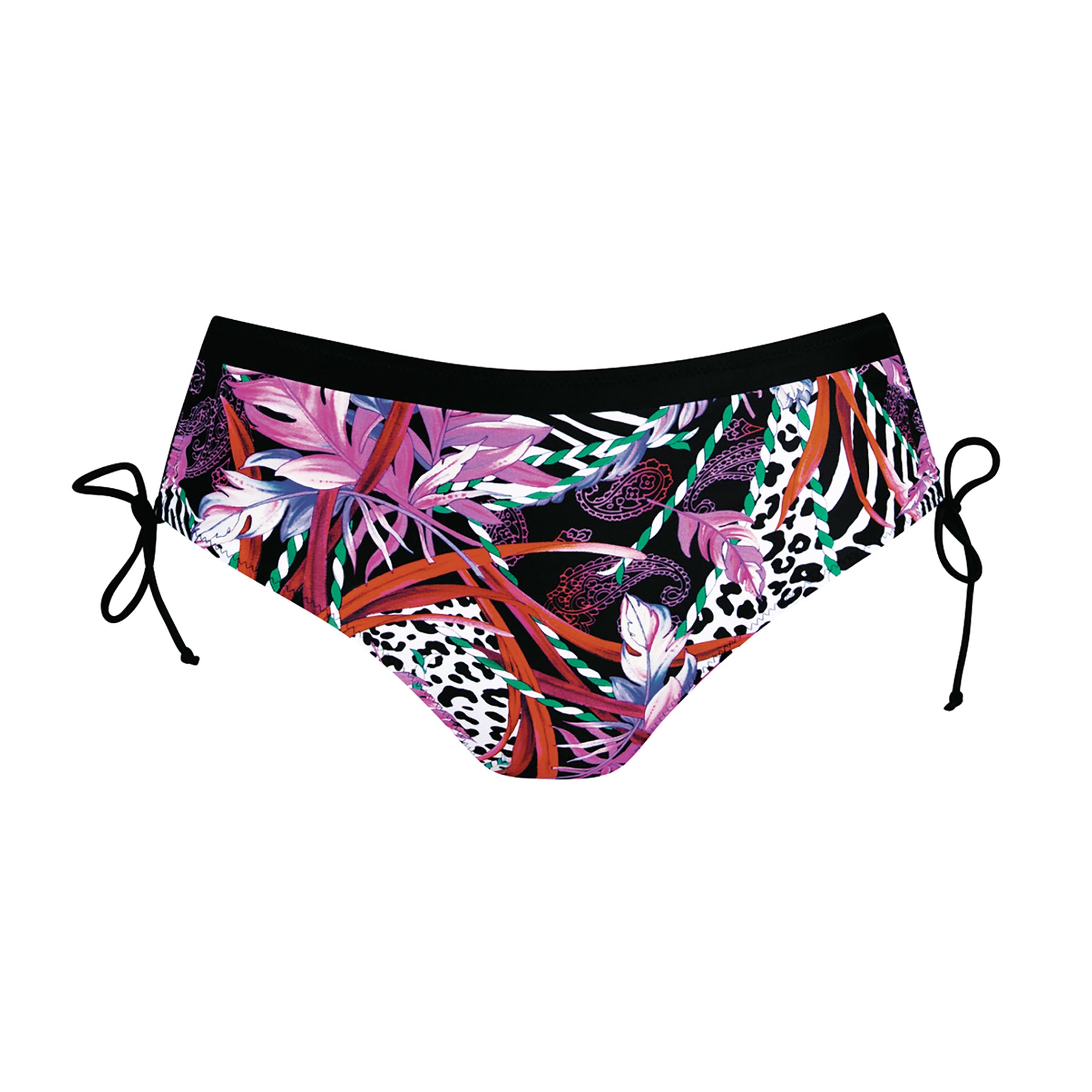 Anita Swim high-waist bikini bottom in vibrant magenta tropical print with black waistband and adjustable side ties