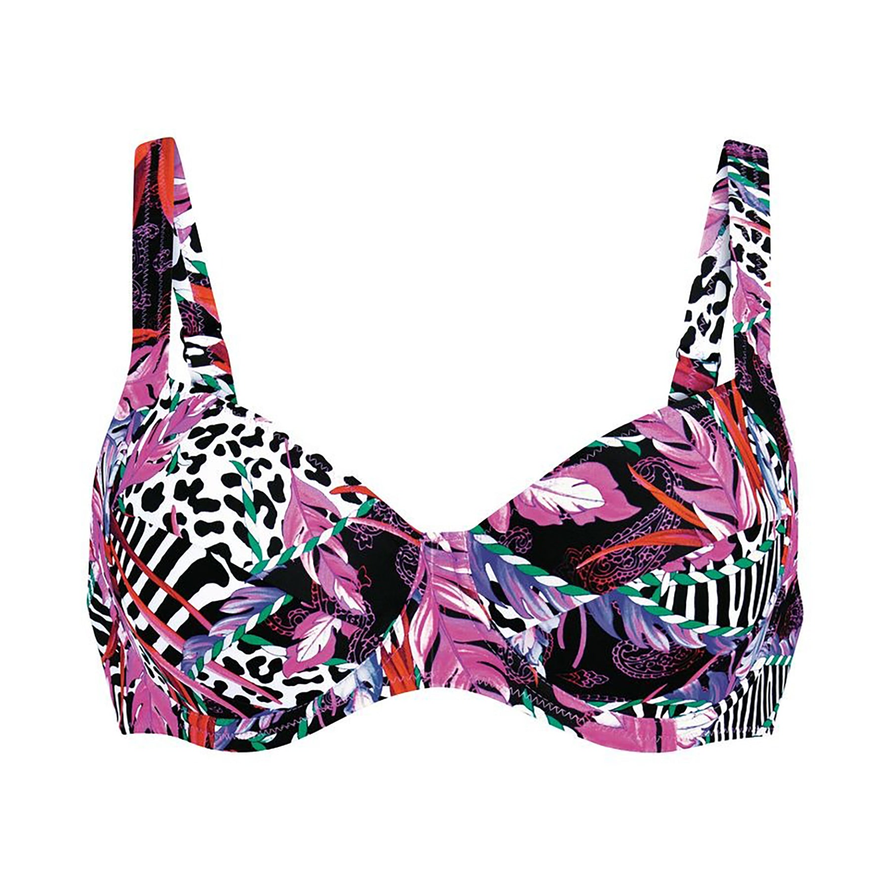 anita swim underwired bikini top magenta print 530 product flat lay colourful tropical pattern underwire swim top