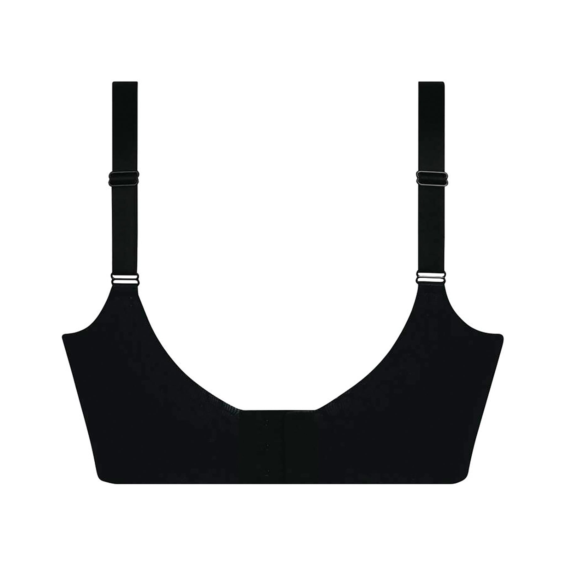 Rear view flat lay of Anita 5433 Essential Smart bralette wireless bra with subtle floral texture and smooth band in black.