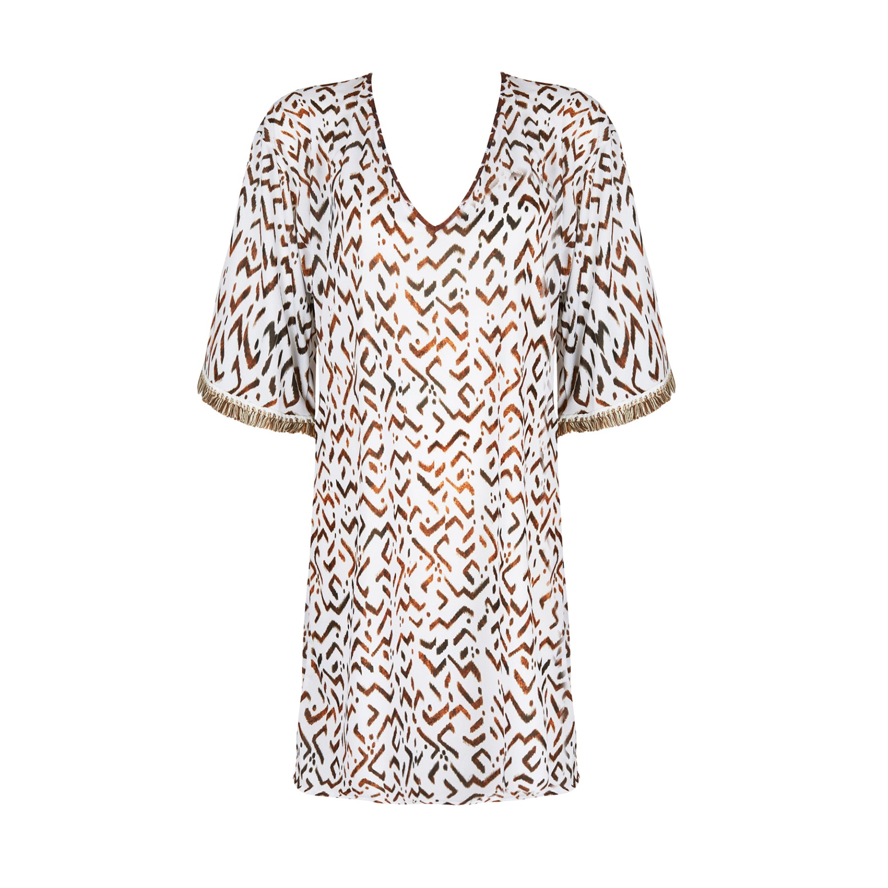 VNeck 3/4 sleeve swim cover/tunic in ethno blanc print with fringed sleeve detail. Brown print on a white background. Front view without model.