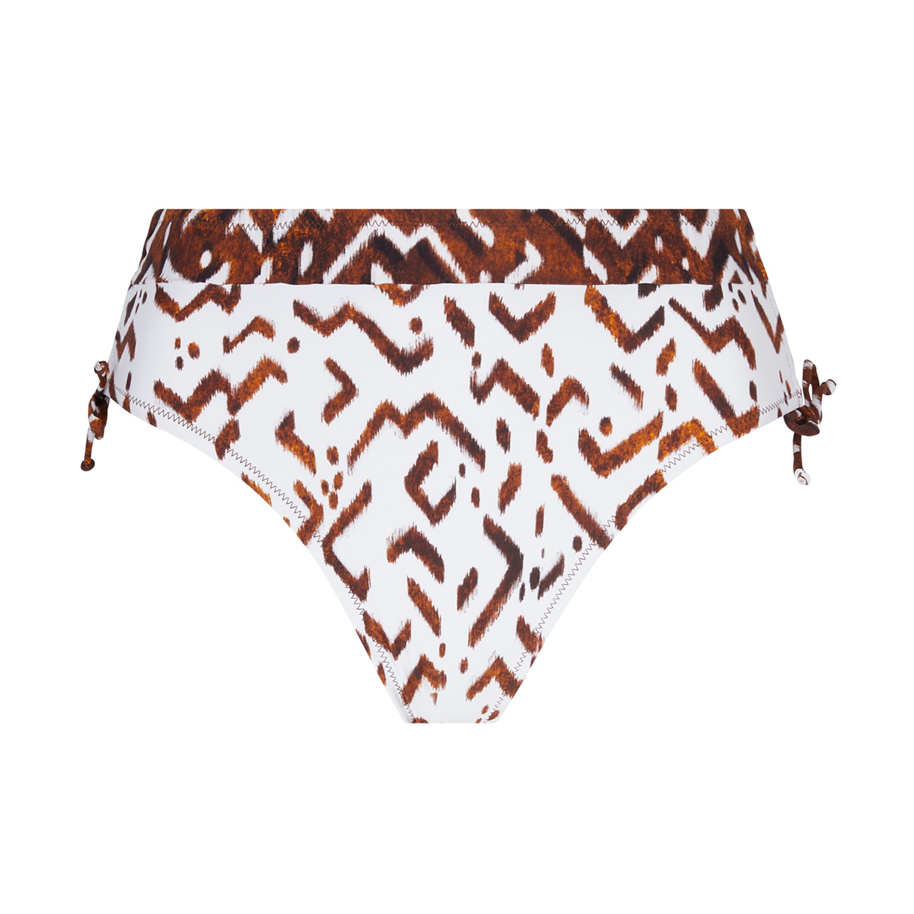 Bikini bottom with side ties in ethno blanc print. Brown print on a white background. Front view without model.