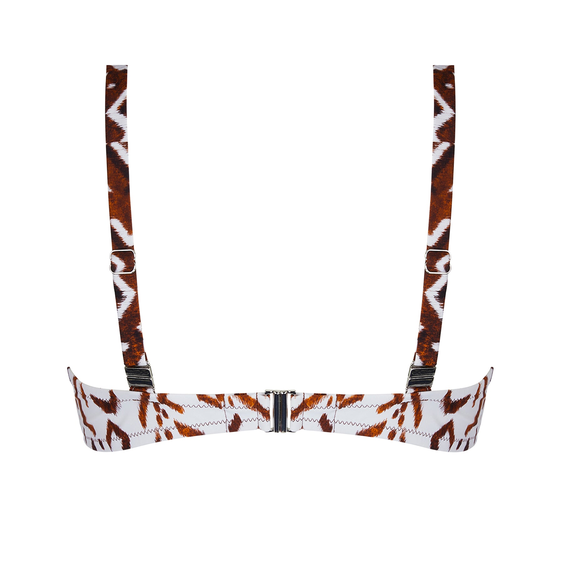 Underwired balcony bikini top in ethno blanc print. Brown print on a white background. Rear view without model.