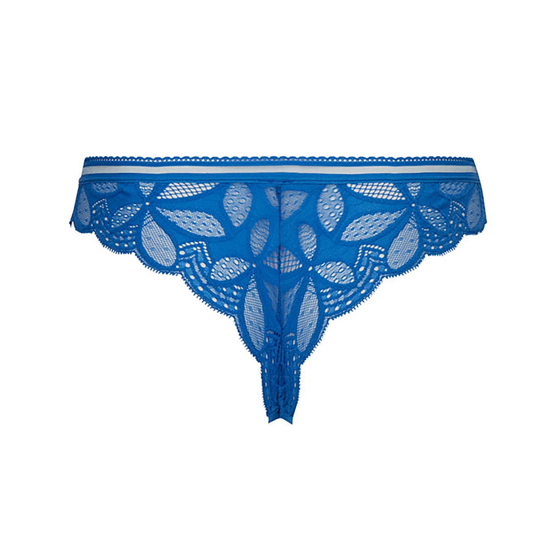 Antigel Stricto Sensuelle thong ECH0017 in cobalt worn on model, showcasing sheer lace texture and modern low-rise silhouette.