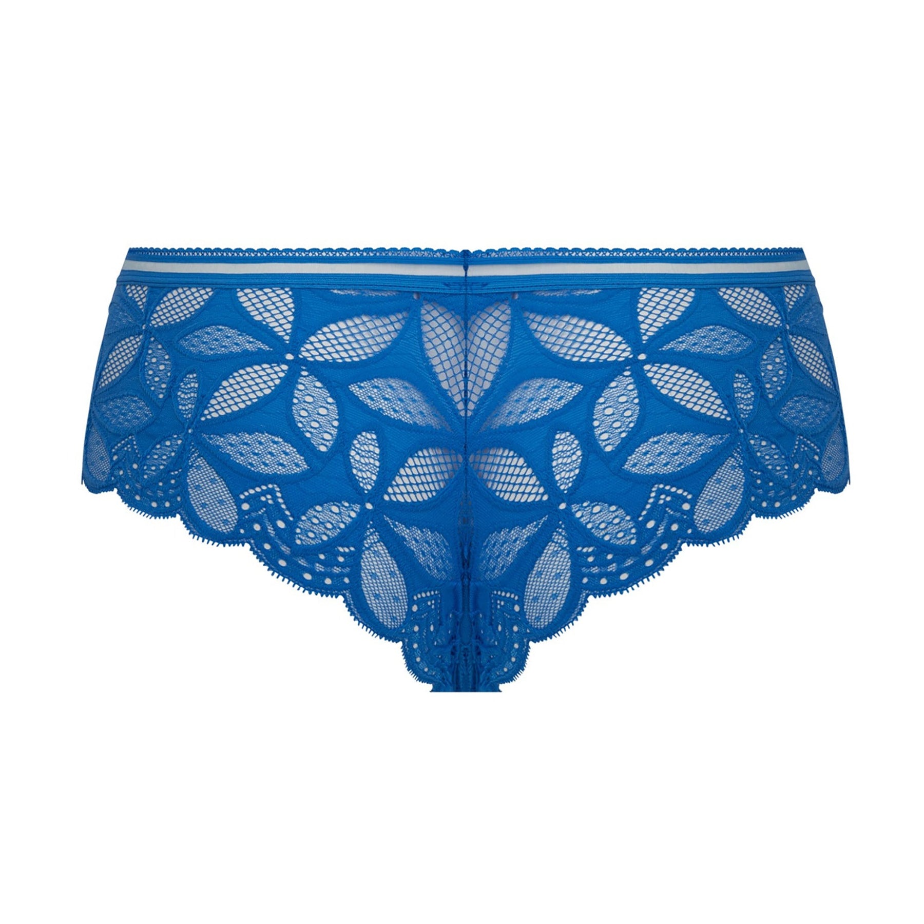 Antigel Stricto Sensuelle boyshort ECH0417 in cobalt blue lace, back view with sheer mesh panels and smooth elastic waistband