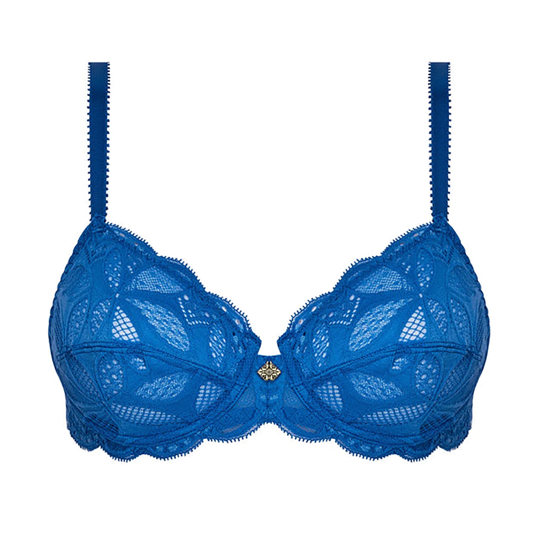 Antigel Stricto Sensuelle full cup bra style ECH6017 in cobalt blue lace, front view showing underwired cups with geometric floral lace and centre jewel detail.