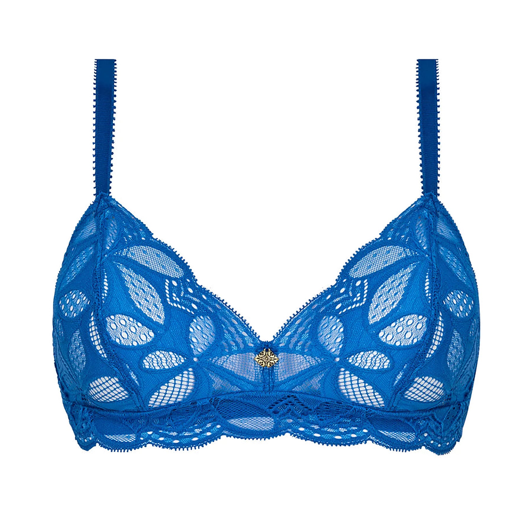 Stricto Sensuelle wireless bra ECH6617 by Antigel in cobalt blue lace, front view showing leaf-pattern lace cups and scalloped trim