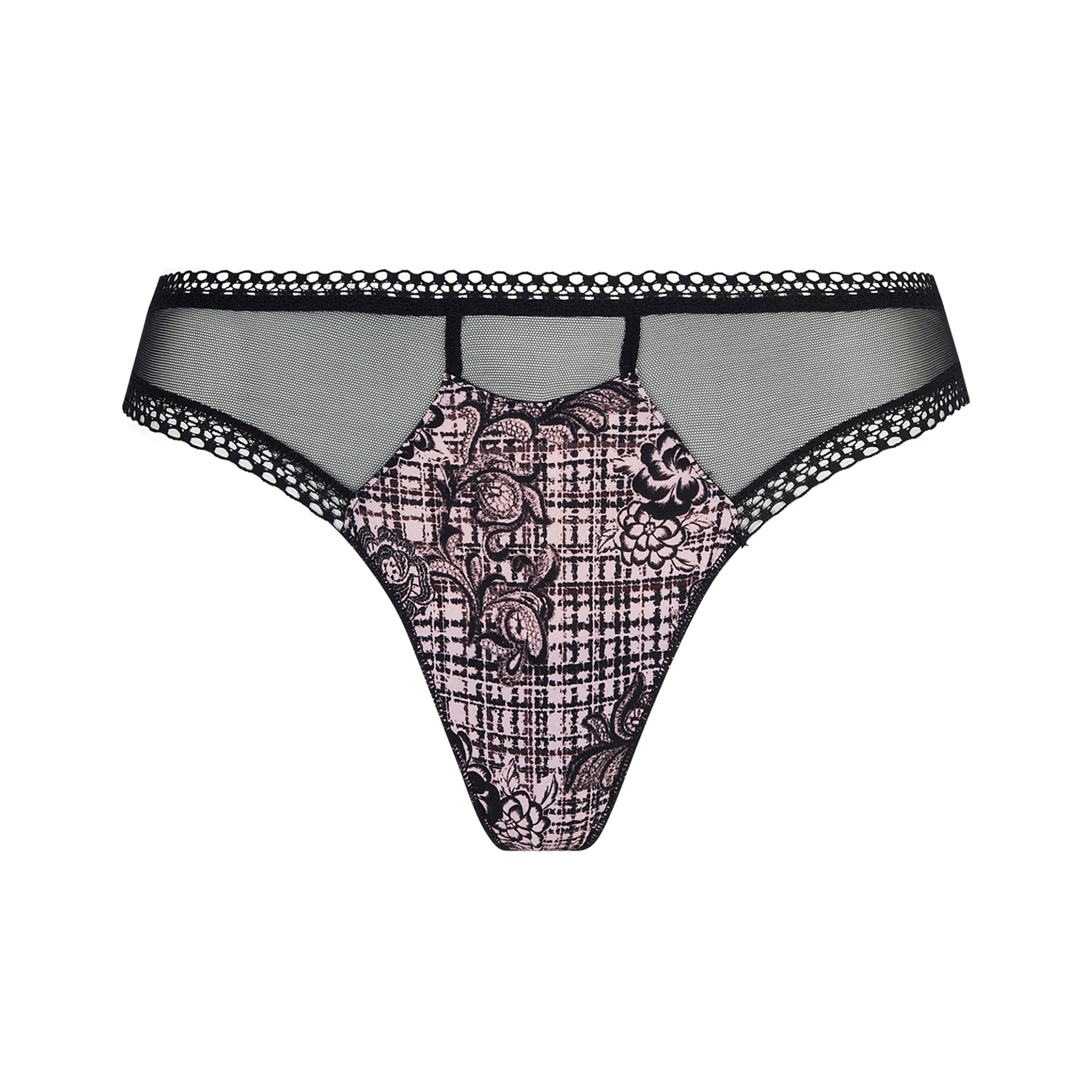 Thong in black with a floral tartan print on a light pink background with black mesh panels at front and sides. Front view without model.