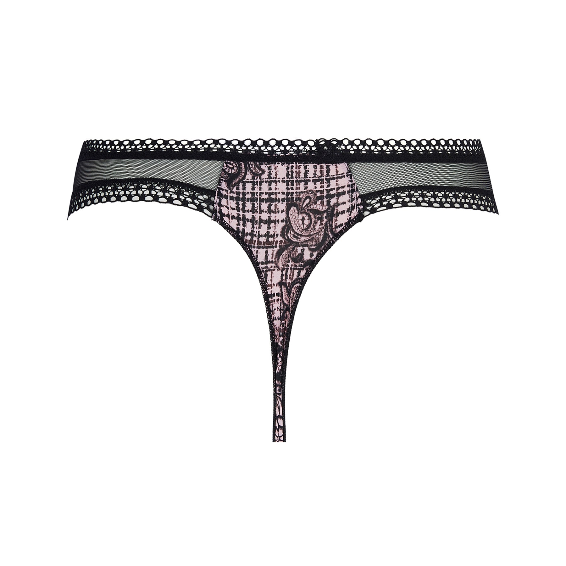 Thong in black with a floral tartan print on a light pink background with black mesh panels at front and sides. Rear view without model.