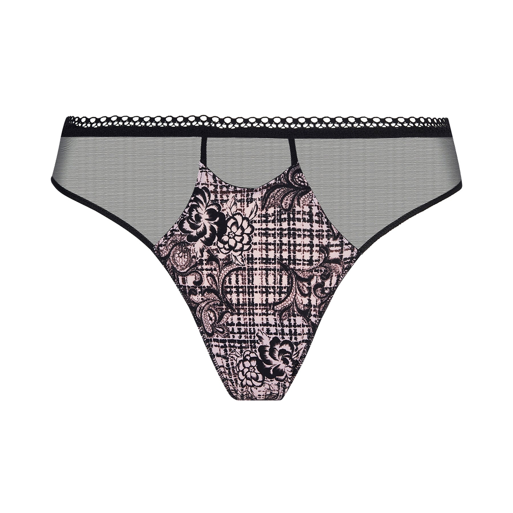 Bikini panty in black with a floral tartan print on a light pink background with black mesh panels at front and sides. Front view without model.