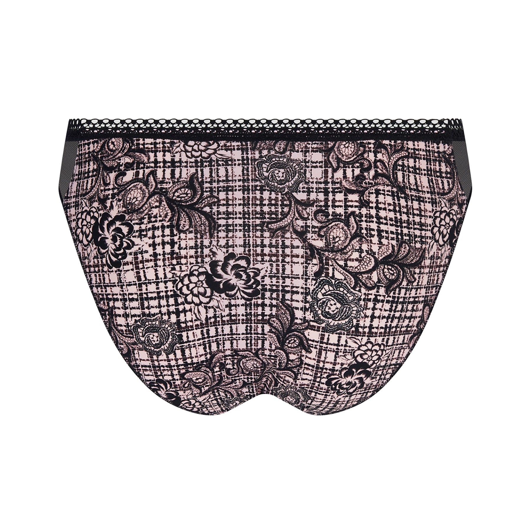 Bikini panty in black with a floral tartan print on a light pink background with black mesh panels at front and sides. Rear view on model.