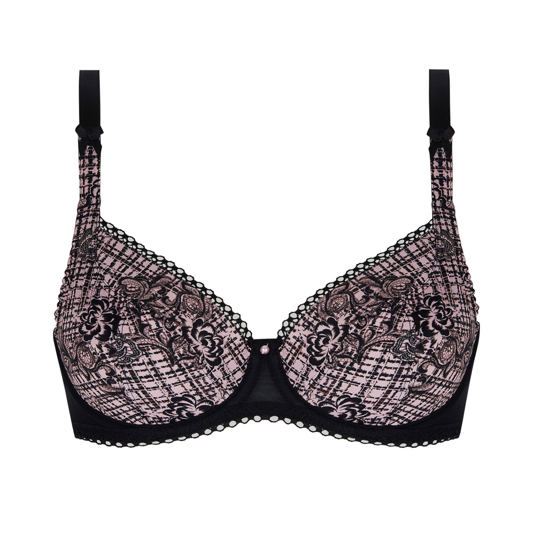 Balcony cup underwired bra in black with a floral tartan print on a light pink background. Front view without model.