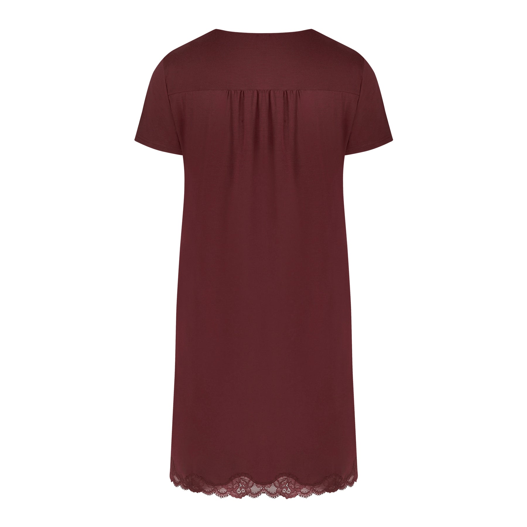 Antigel Simply Perfect short sleeve nightdress in cappuccino with gathered back and scalloped lace hem – back view