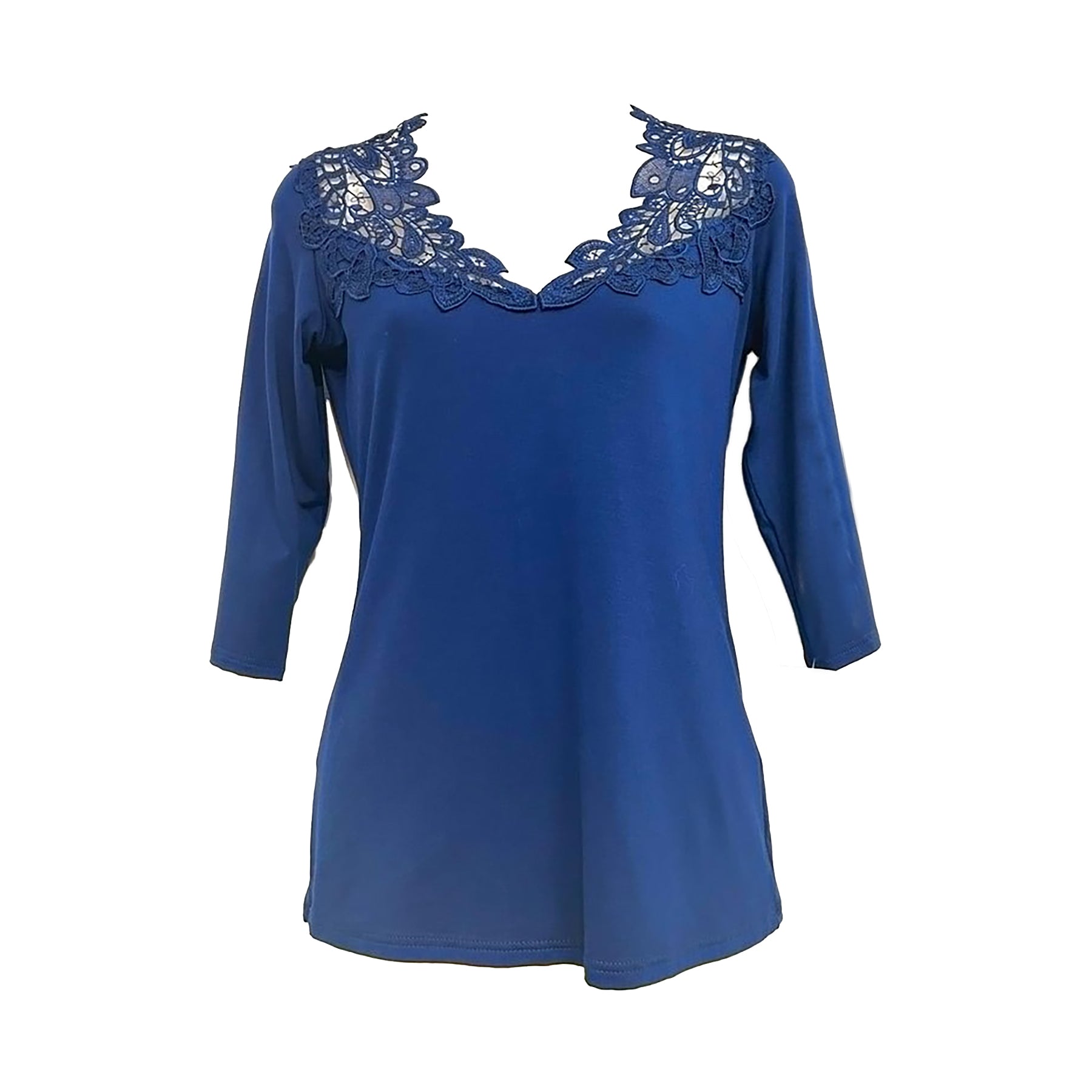 Navy blue reversible top with 3-4 sleeves and intricate crochet lace neckline on white background