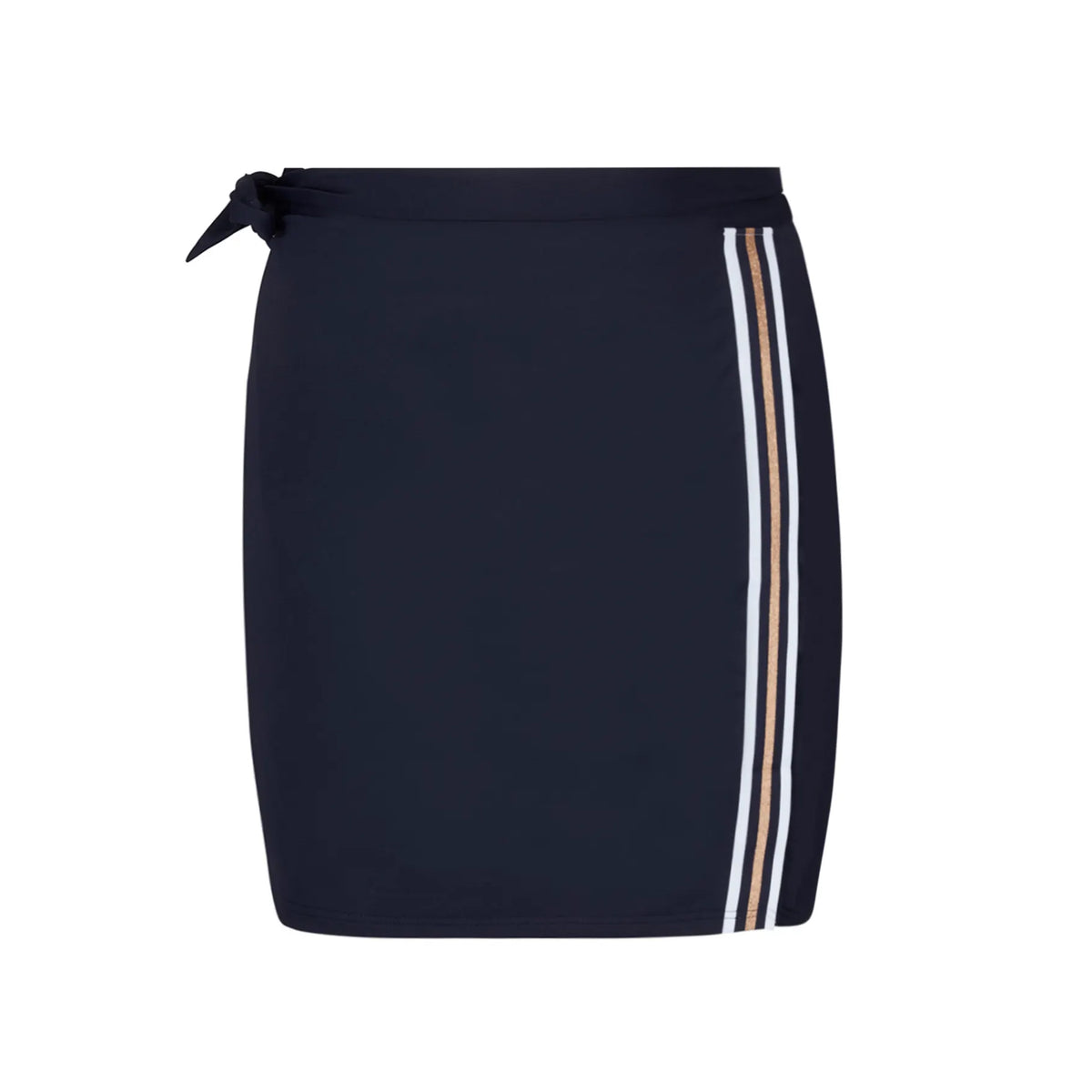 Lise Charmel navy blue swim skirt featuring a side tie detail and vertical white and shimmering gold stripes, front product view.