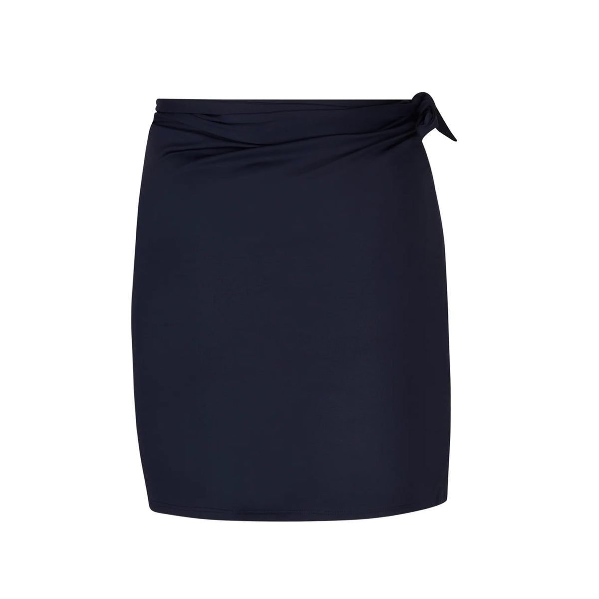 Lise Charmel navy blue swim skirt with a smooth silhouette and elegant side tie at the waistband, back product view.