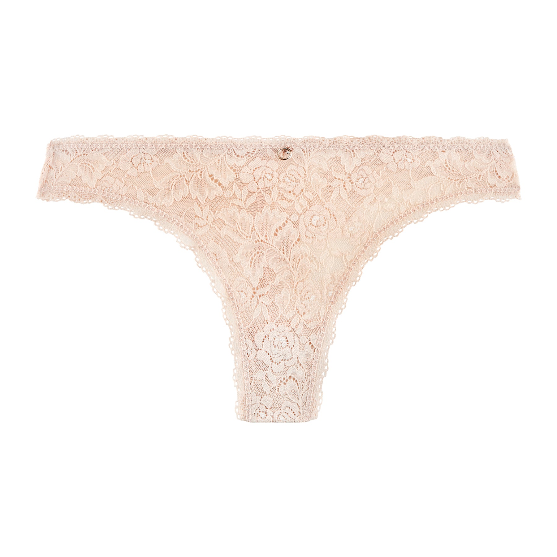 Aubade Rosessence lace thong in Nude d'Été, flat lay, with floral lace pattern and delicate scalloped trim.