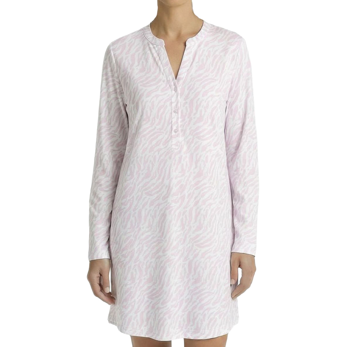 Model wearing a light pink and white zebra print long-sleeve nightgown with a button-front Henley neckline, front close-up view.