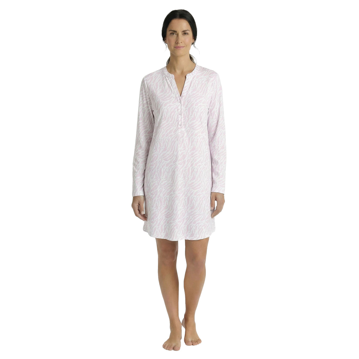 Model wearing a pink zebra print long-sleeve sleep shirt with a button-front neckline and relaxed silhouette, full front view.