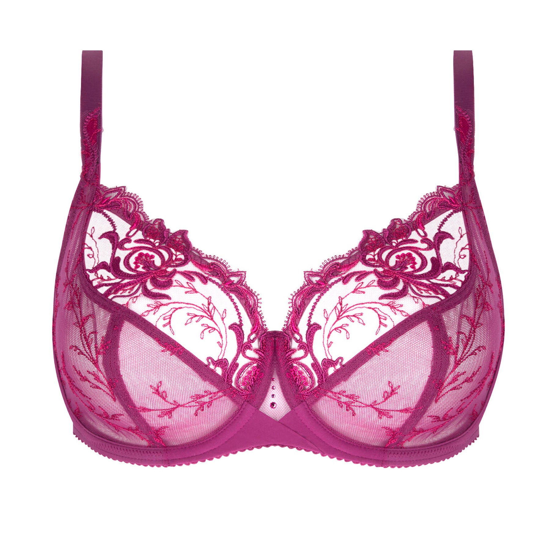 Pink lace bra on a white background