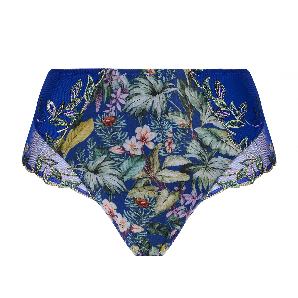 Lise Charmel Bain de Nature high brief in royal blue with a colourful tropical floral print, sheer embroidered mesh side panels, and scalloped edges.