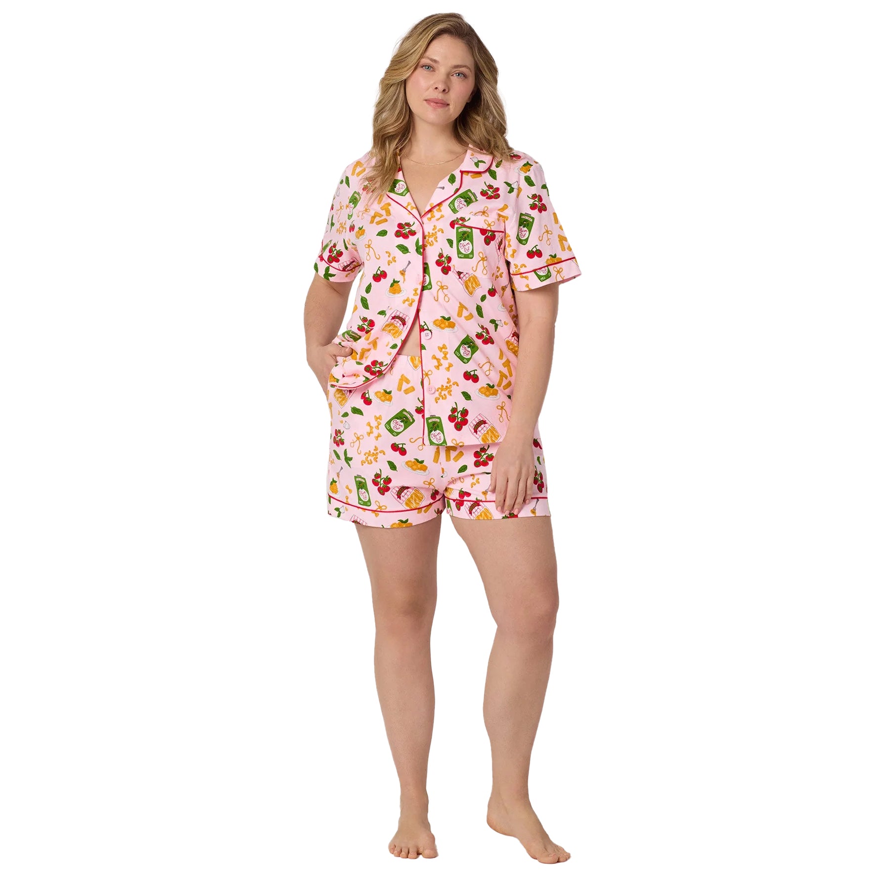 Plus size Bedhead pajama short set in soft pink with playful Italian food inspired print and relaxed silhouette.