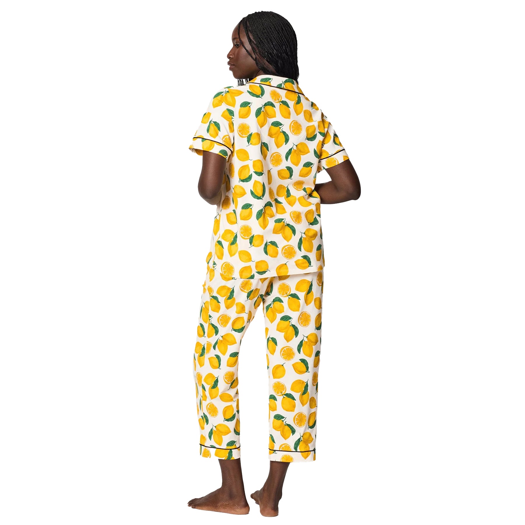 Back view of lemon print pyjama set with lightweight cropped pants and short sleeve sleep top.