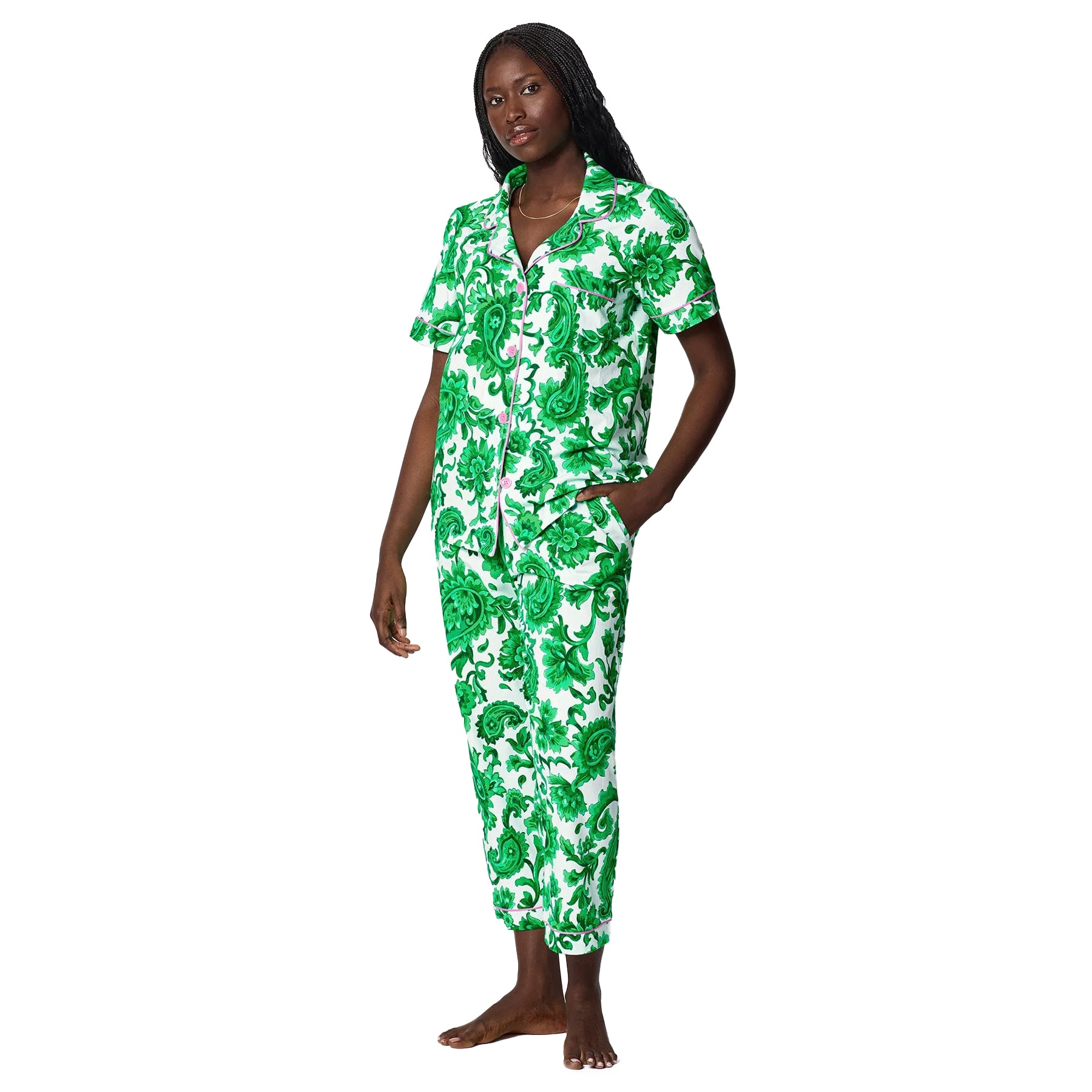 Side view of vibrant green floral pyjama set with lightweight fabric and comfortable relaxed fit.