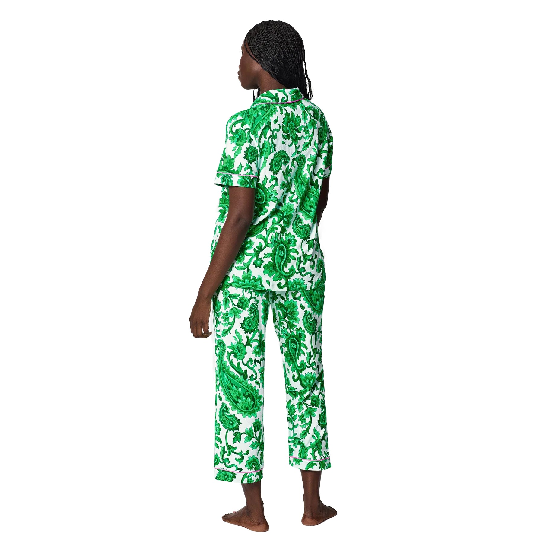 Back view of green paisley print pyjama set featuring cropped pants and short sleeve sleep shirt.