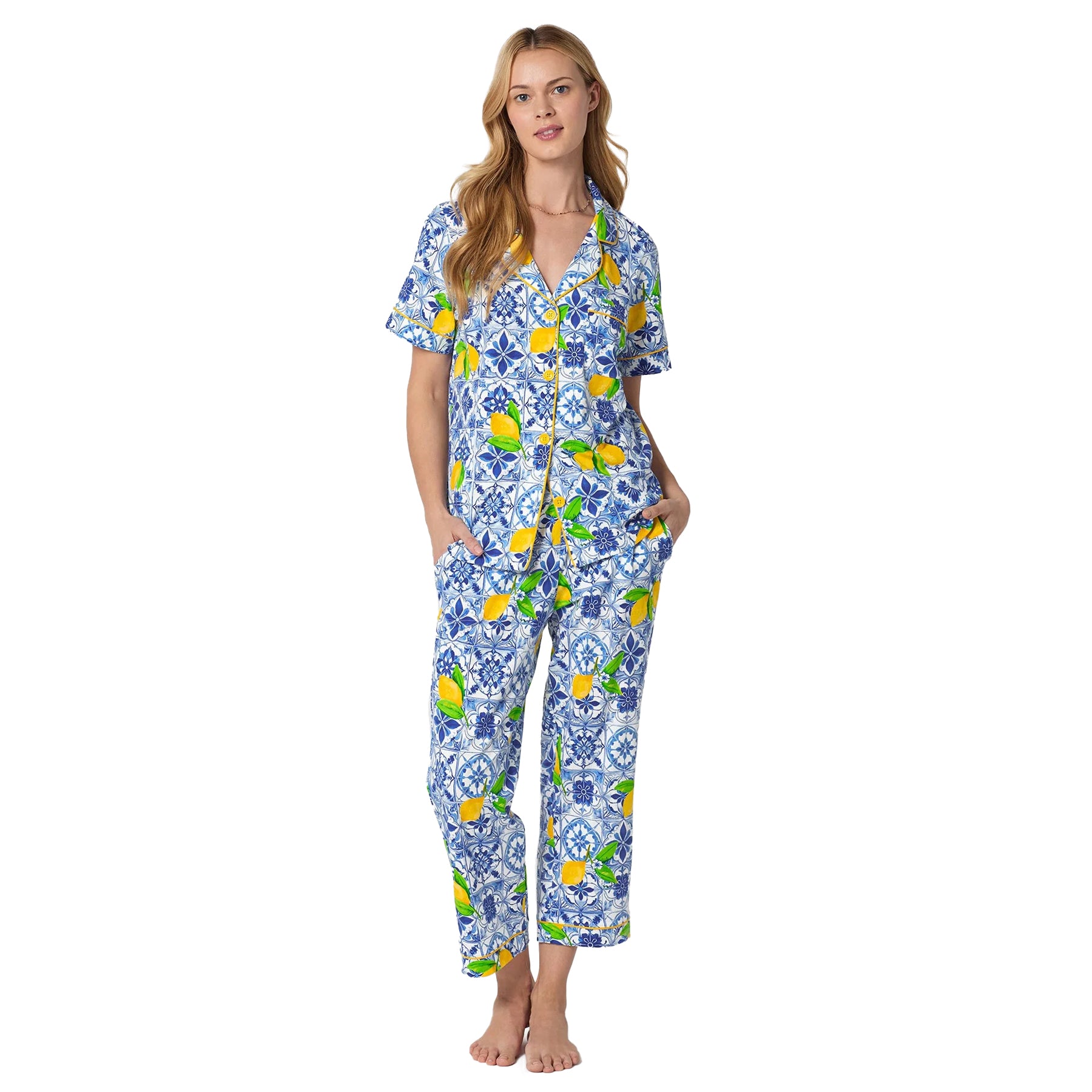 BedHead lemon tile print pajama PJ set with cropped pants and short sleeve button-up top for comfortable lounging.