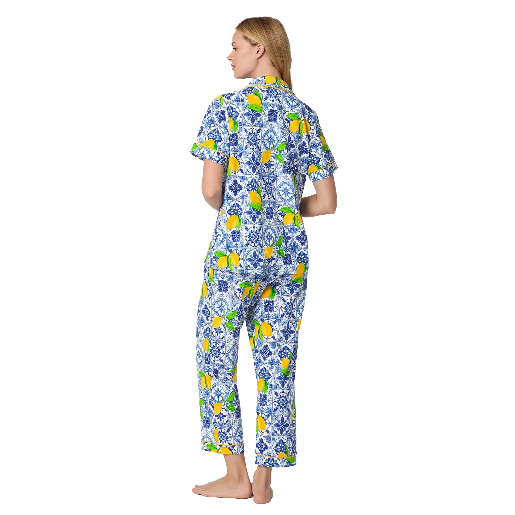 Back view of Bed Head lemon print pajama PJ set with lightweight cropped pants and relaxed fit sleepwear design.