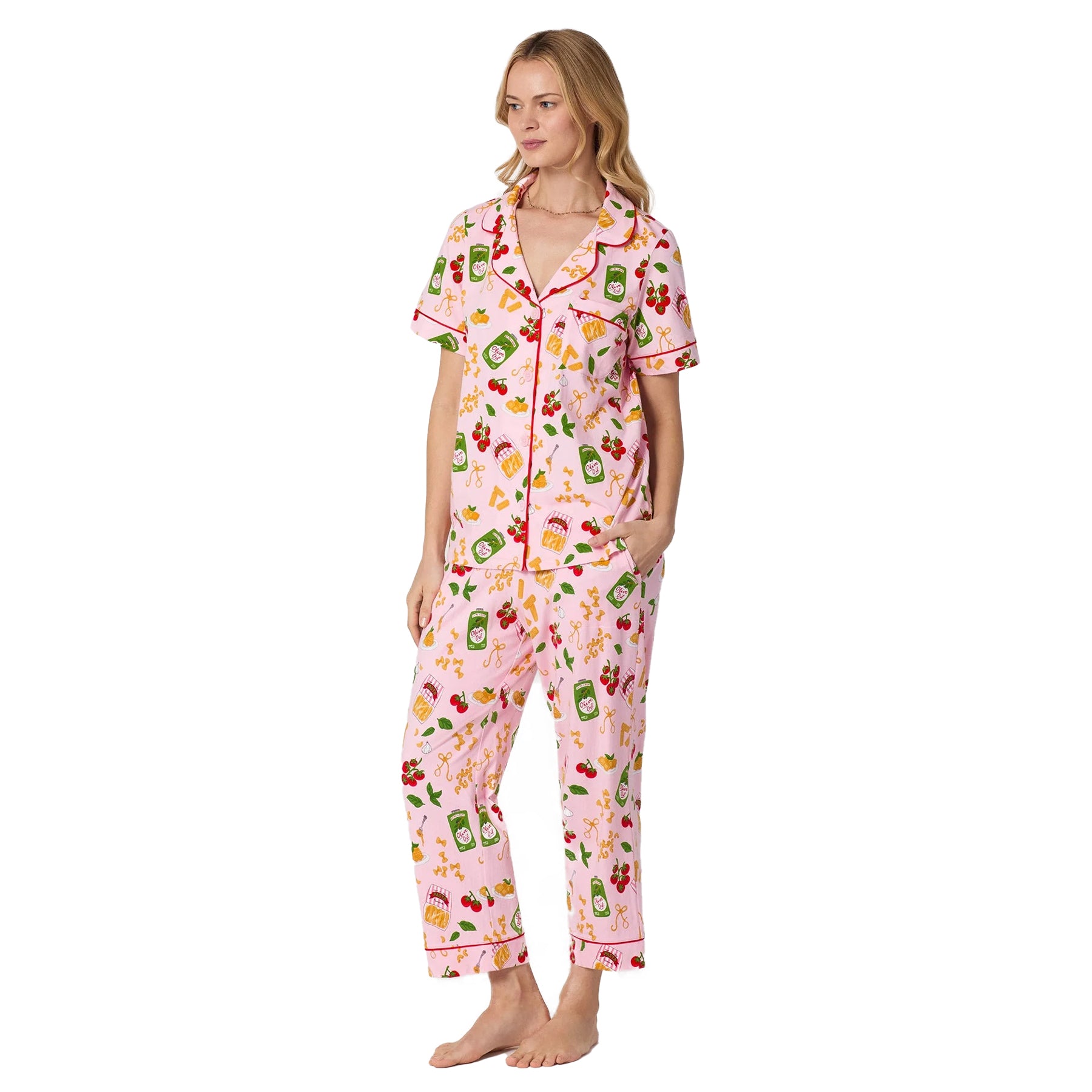 Bedhead pink pajama set with relaxed fit cropped pants and whimsical Italian-inspired food print design.