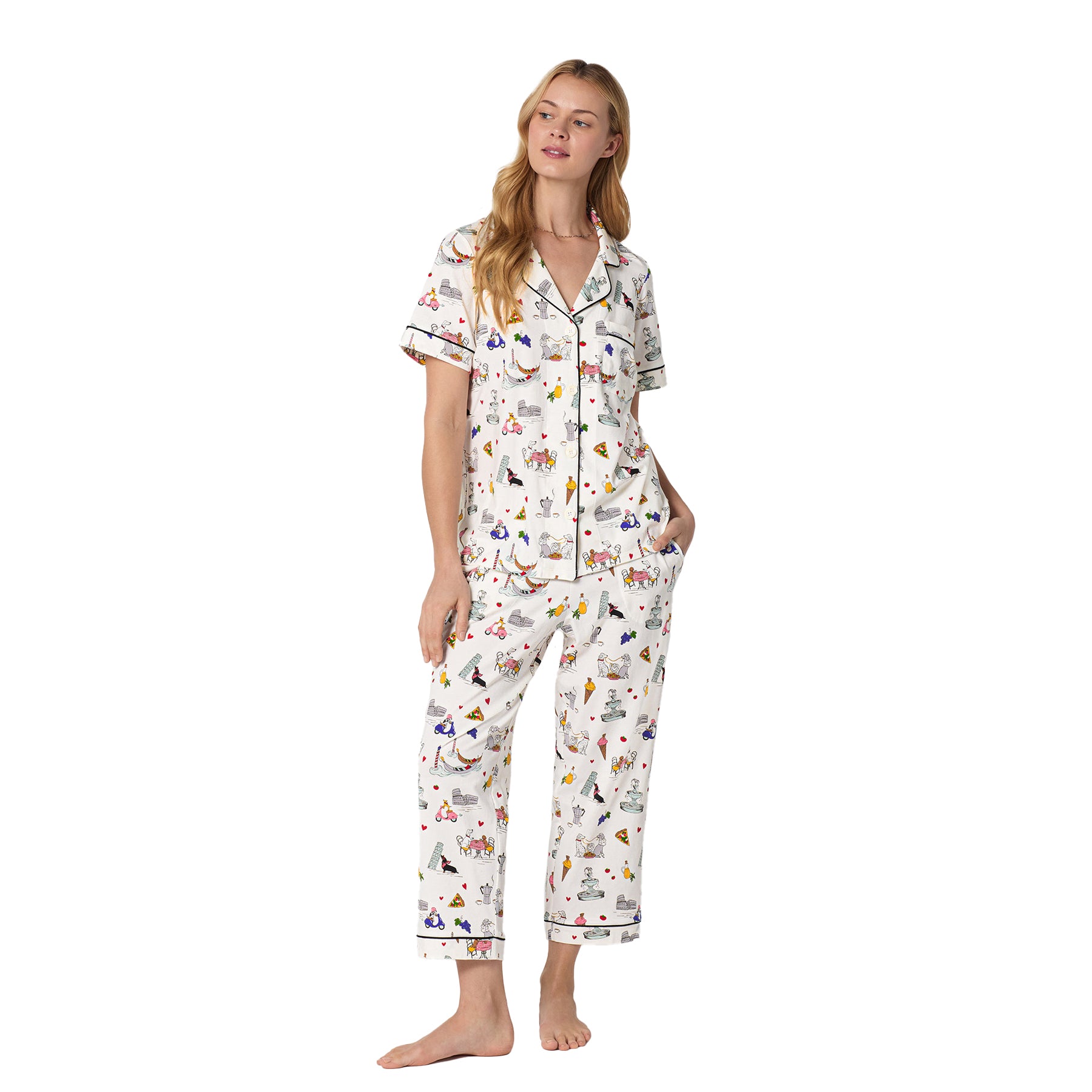 Bed Head white pajama PJ set with relaxed fit cropped pants and playful European travel themed print.