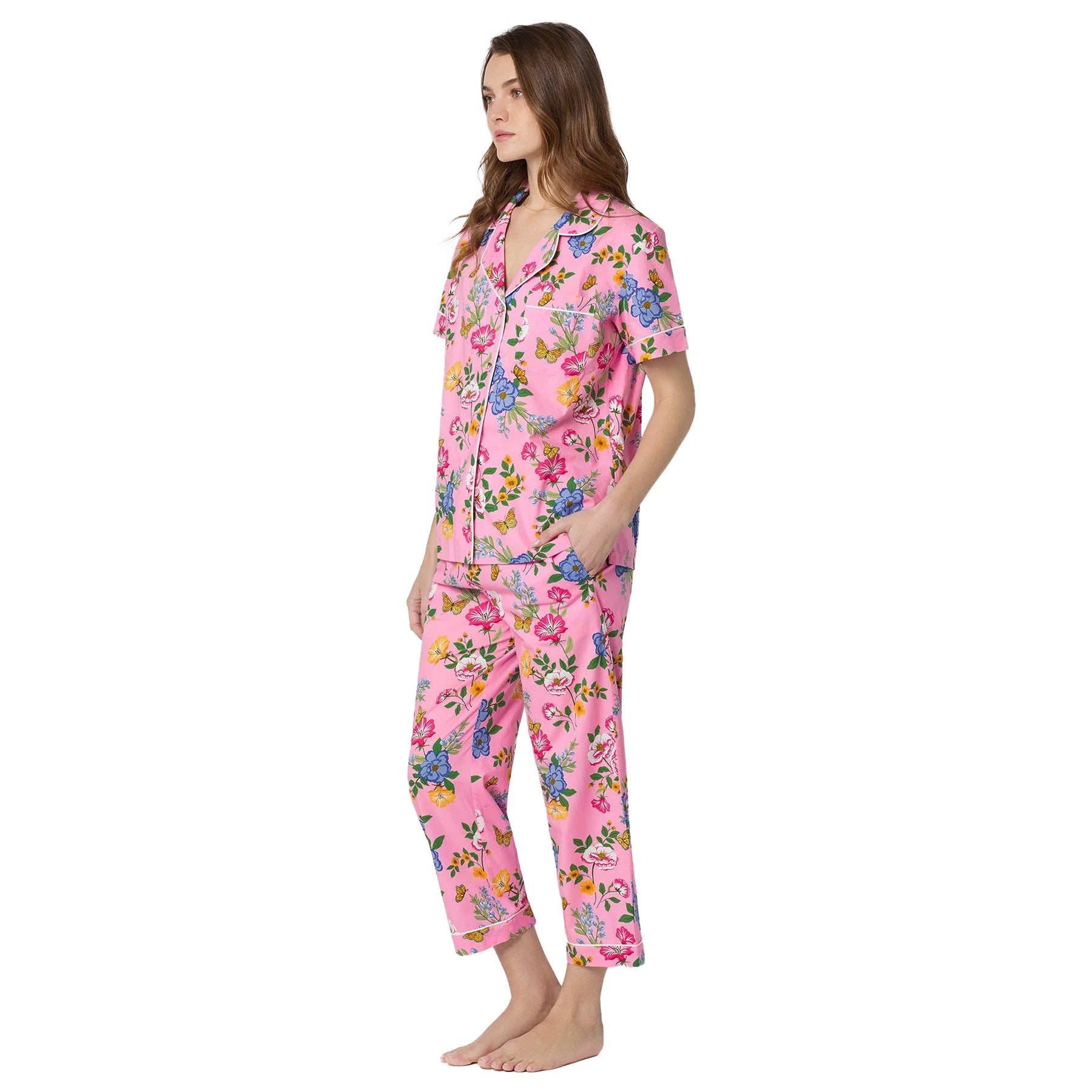 Side view of Bed Head pink pajama PJ set featuring soft floral print and lightweight sleepwear design.