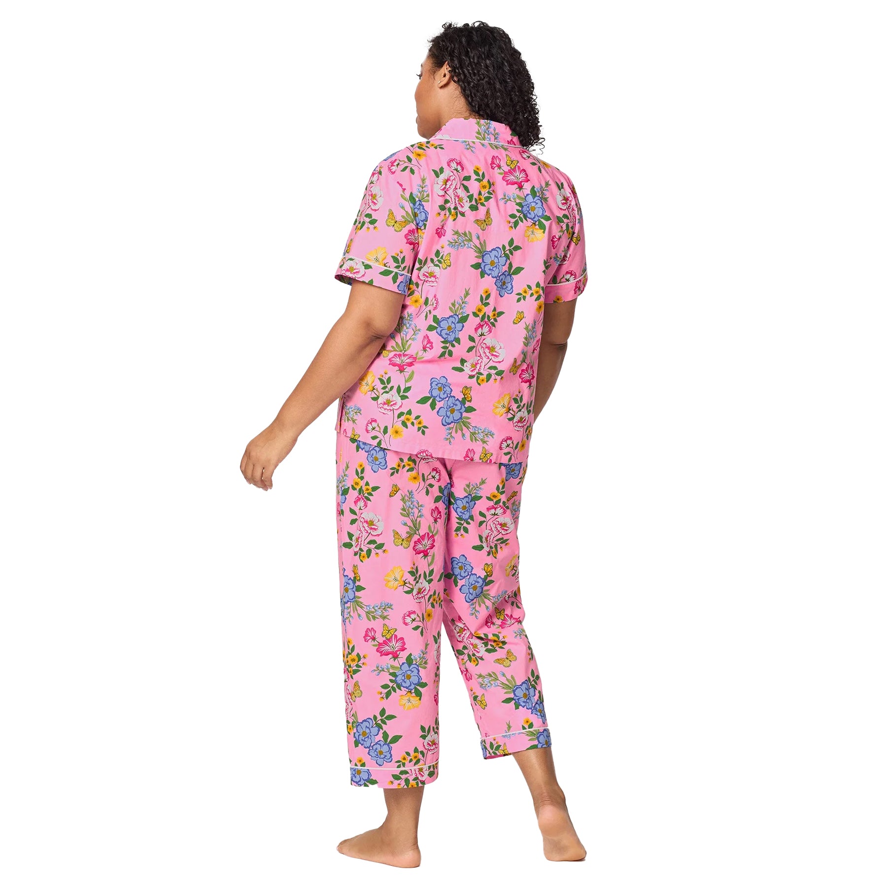 Back view of Bedhead pink floral pajama set featuring colourful botanical print and comfortable relaxed fit sleepwear.