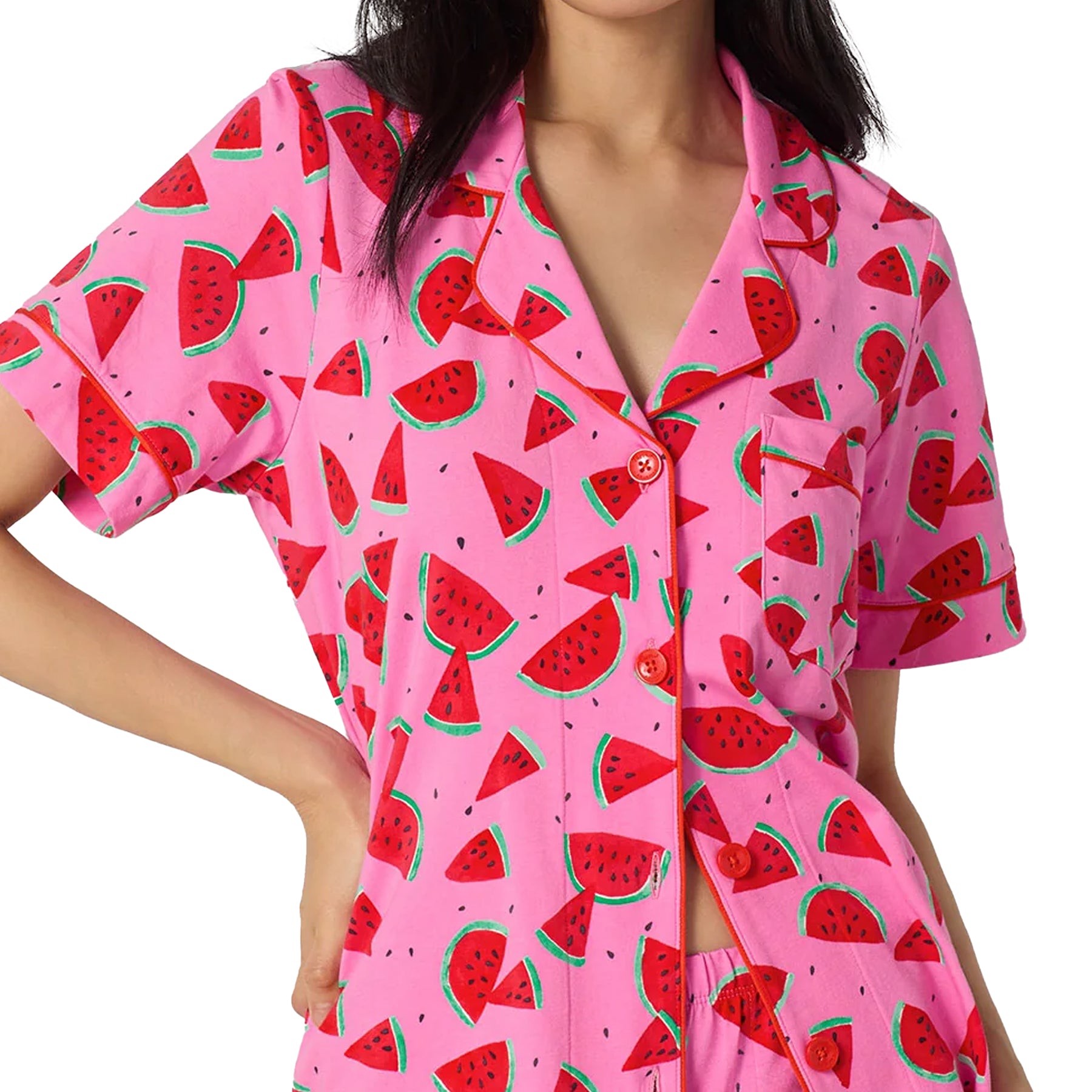 Close-up of Bedhead watermelon pajama set featuring playful fruit print on bright pink sleepwear fabric.