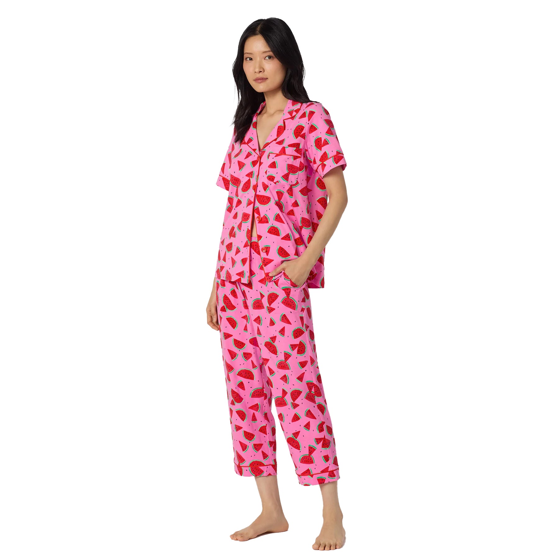 Side angle of Bed Head pink watermelon pajama PJ set with relaxed fit cropped sleep pants.