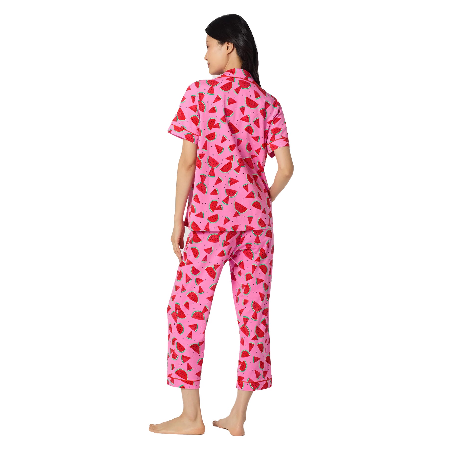 Back view of Bedhead watermelon print pajama set in vibrant pink with soft lightweight sleepwear design.