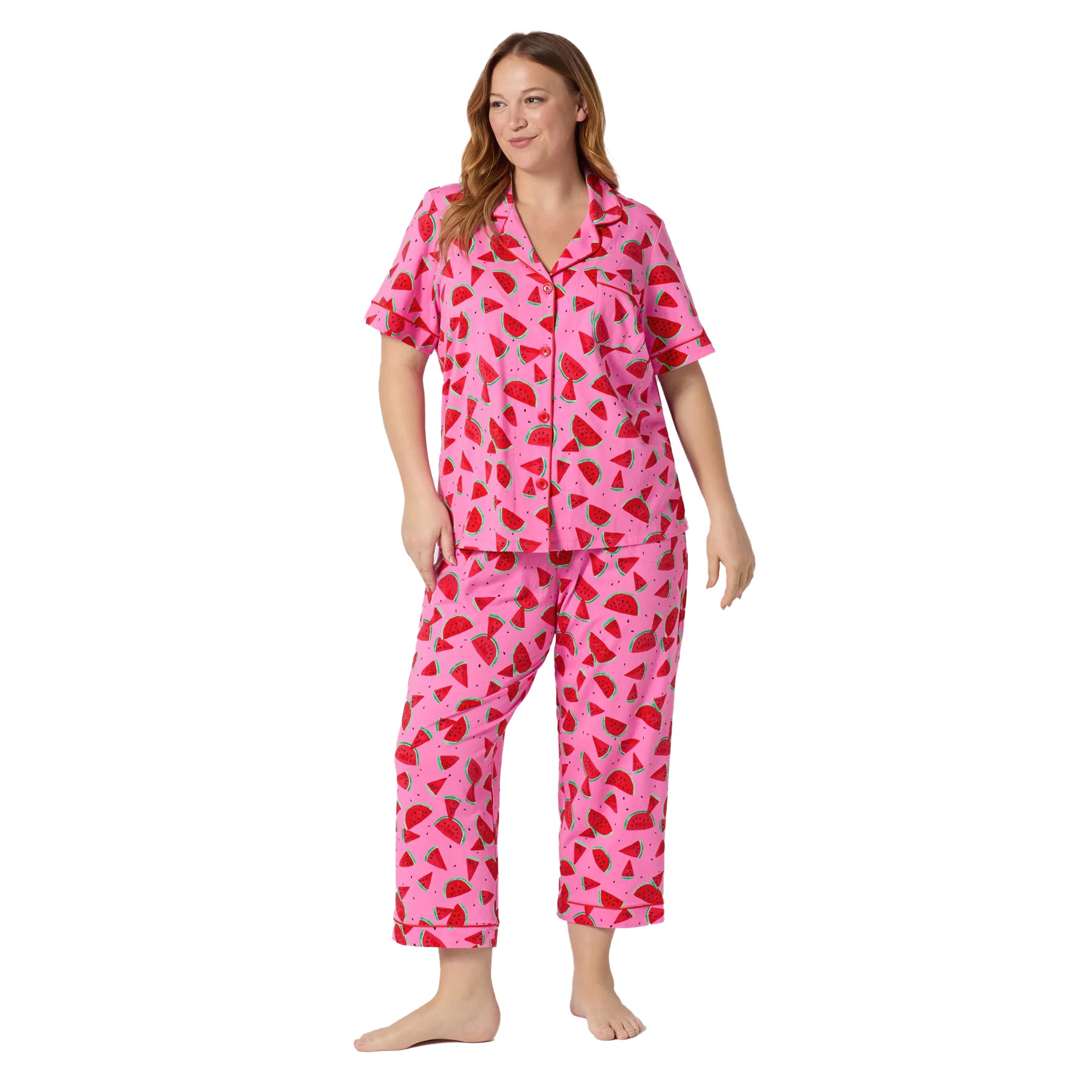 Plus size Bed Head watermelon pajama set with short sleeve sleep top and pink cropped pajama pants.