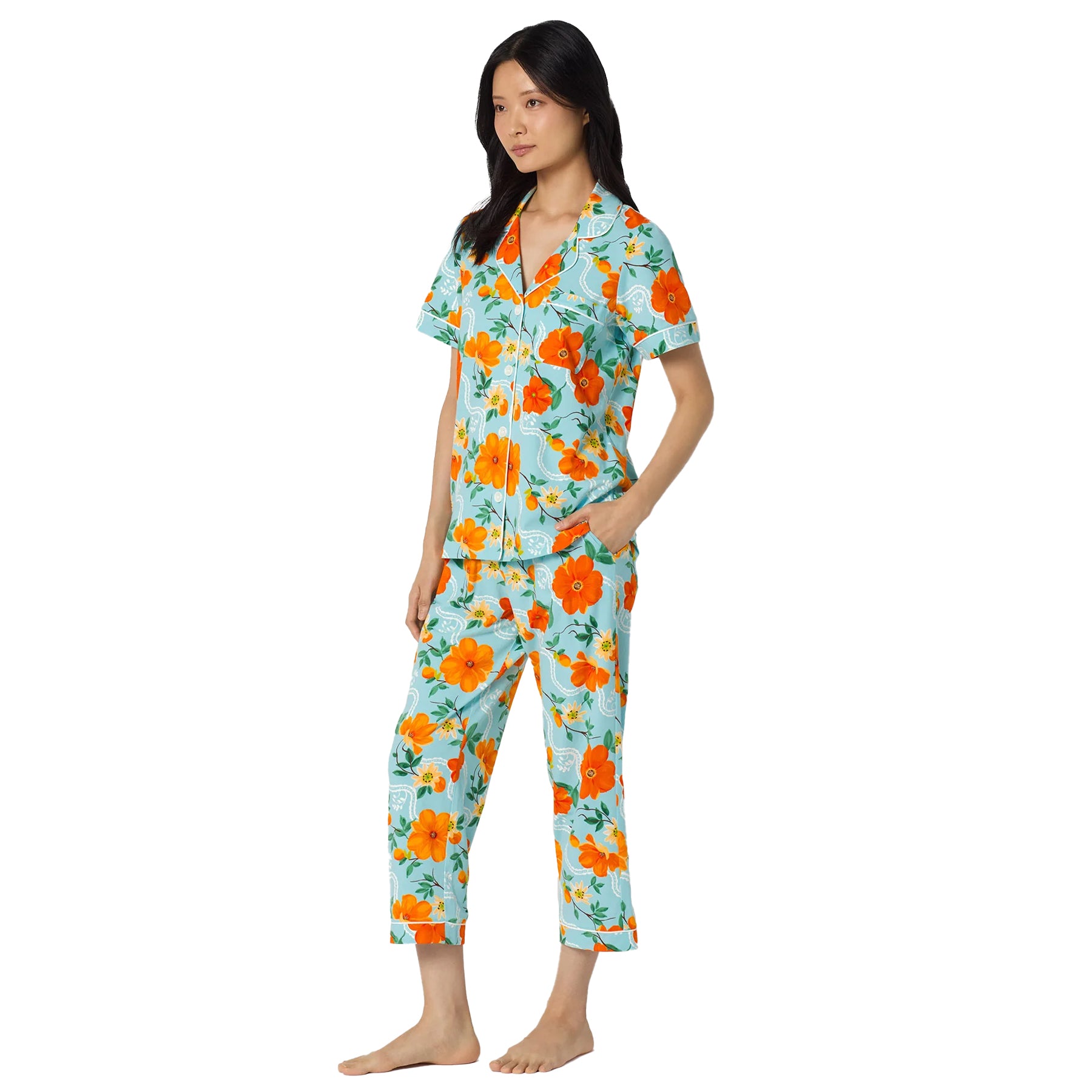 BedHead floral pajama PJ set in aqua blue with vibrant orange flower print and cropped sleep pants.