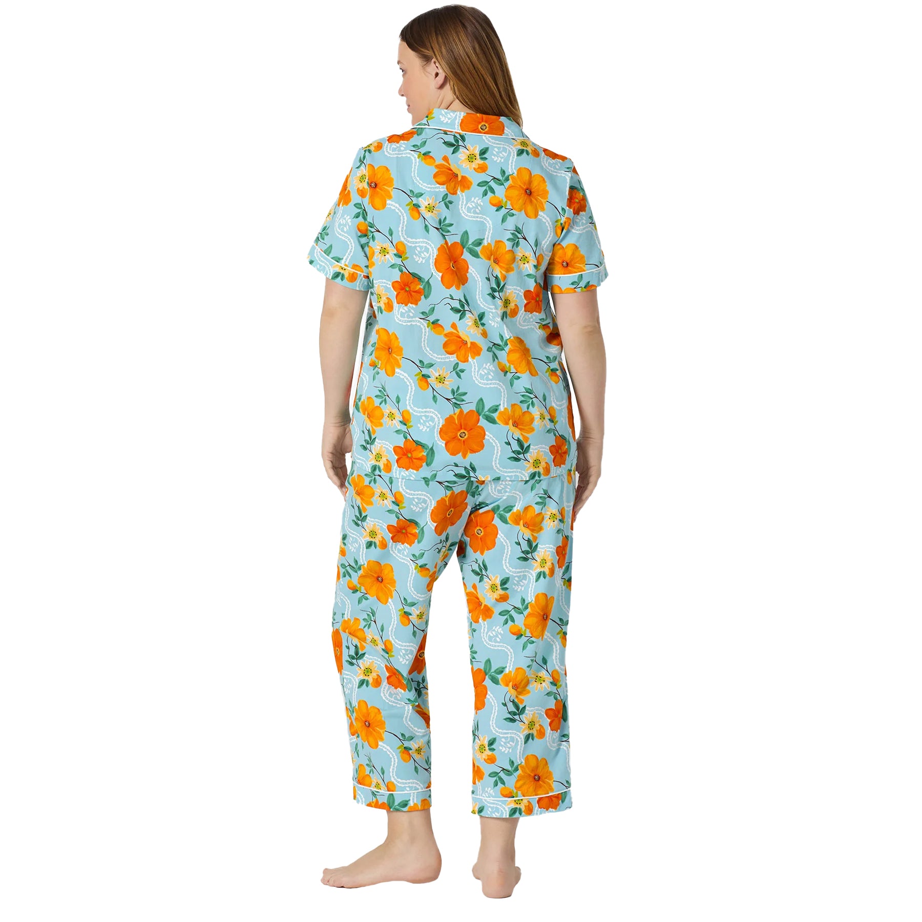 Back view of Bed Head floral pajama set featuring orange blossoms on soft aqua blue sleepwear fabric.