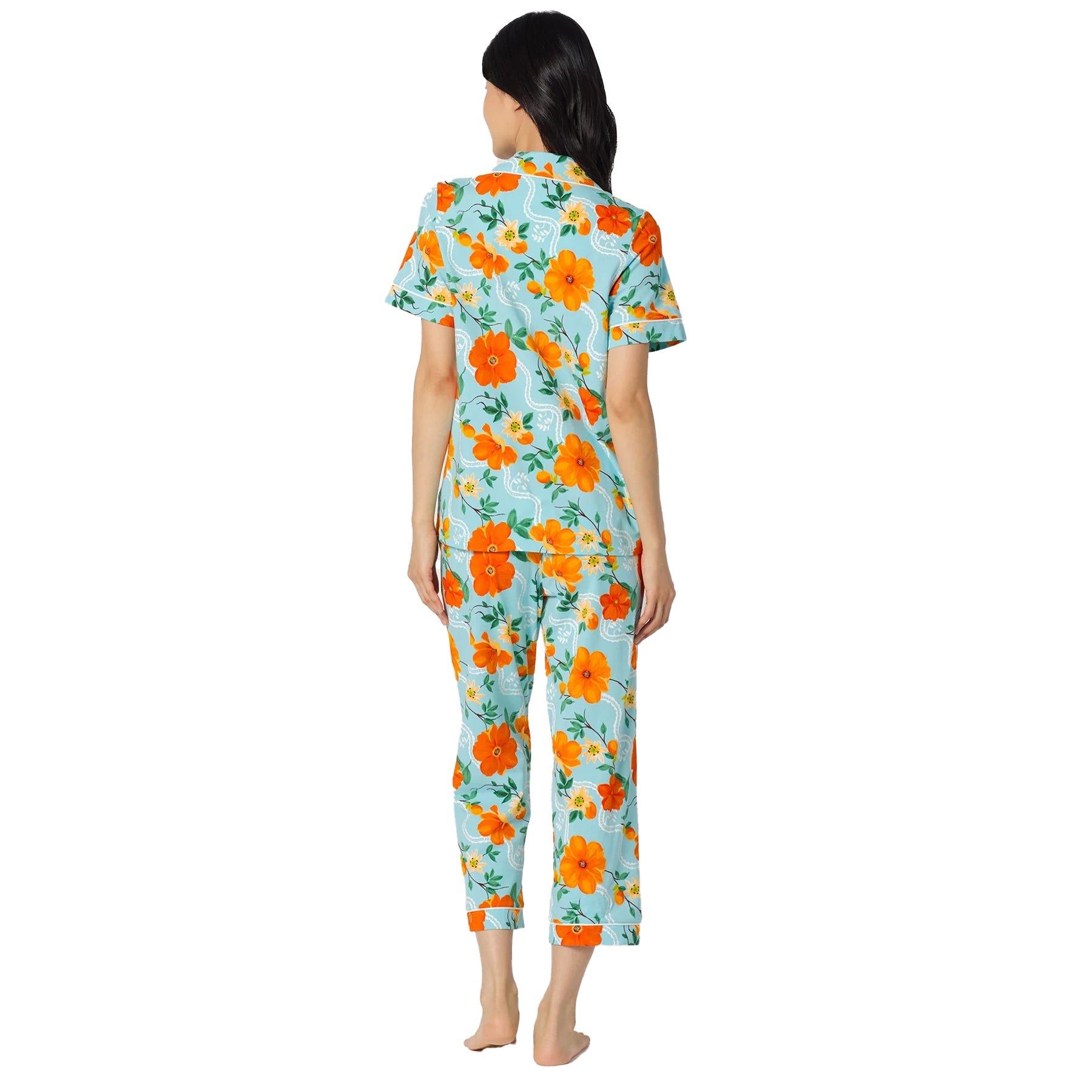 Back view of Bedhead aqua floral pajama set with short sleeve button-up sleep top and relaxed fit pants.