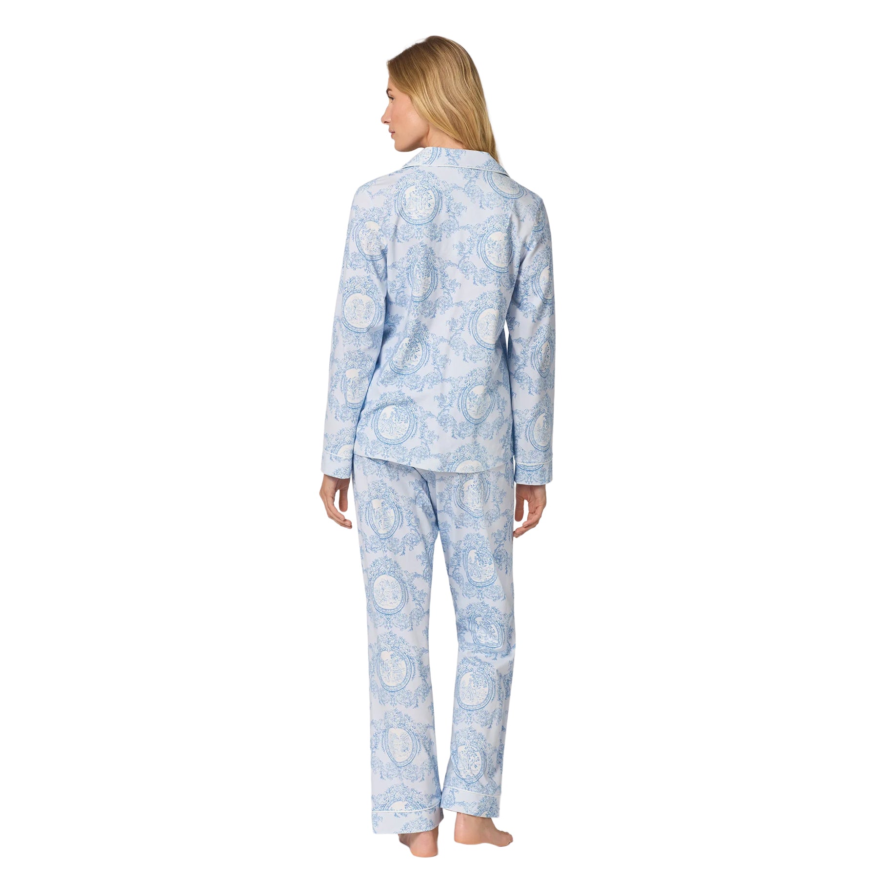 Back view of a light blue long-sleeve pajama set featuring an all-over blue toile print and full-length pants.