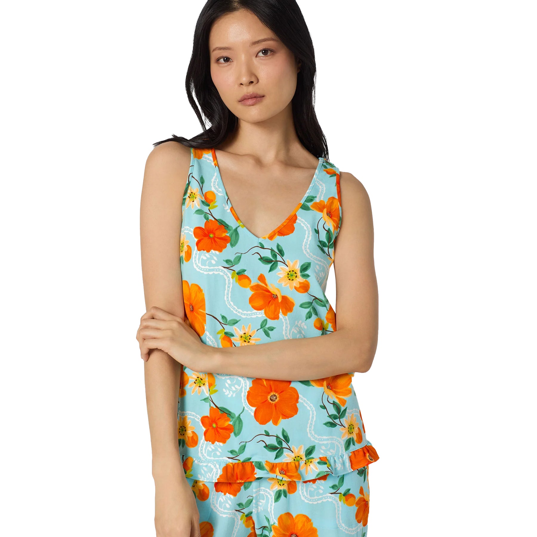 Close-up of a sleeveless aqua sleep top with vivid orange floral print, V-neckline, and delicate ruffle trim detail.